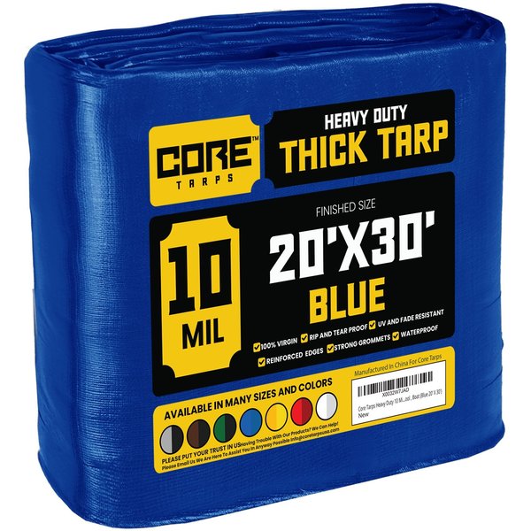 Core Tarps 30 ft x 0.5 mm H x 20 ft W Heavy Duty 10 Mil Tarp, Blue, Polyethylene CT-605-20X30